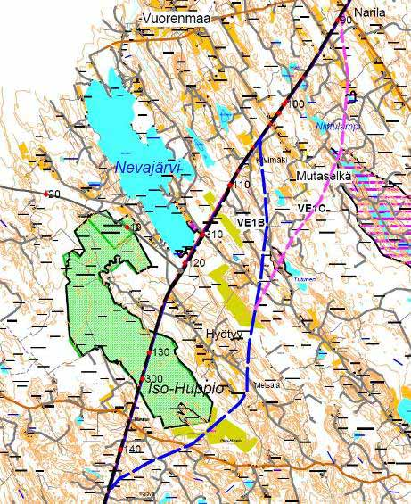 28 400 kv voimajohto Yllikkälä-Huutokoski Reittivaihtoehtojen poikkileikkaukset Tarkasteltavien reittivaihtoehtojen poikkileikkausten sijainnit on esitetty kuvassa 13 ja poikkileikkaukset kuvissa 14