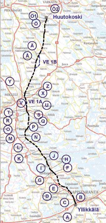 400 kv voimajohto Yllikkälä-Huutokoski 29 Kuva 13. Reittivaihtoehto 1 ja kiertovaihtoehto VE1B on esitetty kuvassa yleispiirteisesti.