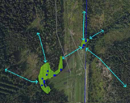 400 kv voimajohto Yllikkälä-Huutokoski 47 Kuva 32. Monnonjoen lisääntymis- ja levähdyspaikan papana- ja reviiripuut sekä todennäköiset liikkumisväylät. Selitykset kuten kuvassa 29.