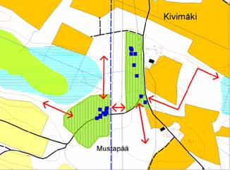 50 400 kv voimajohto Yllikkälä-Huutokoski Liito-oravalle sovelias alue jatkuu perinnemaisemakohteesta kaakkoon, jossa metsä muuttuu mänty-kuusivaltaiseksi sekametsäksi, alikasvoksena kasvaa