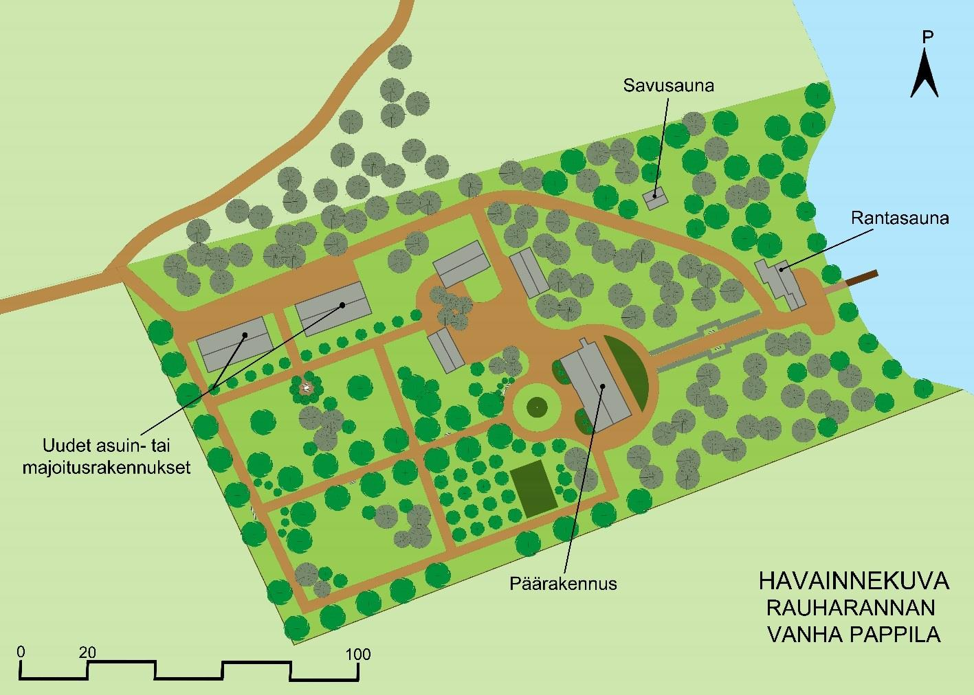 14 KUVA 10 Havainnekuva Rauharannan entisen pappilan tontista. Rakennusten ja kasvillisuuden sijoittuminen.