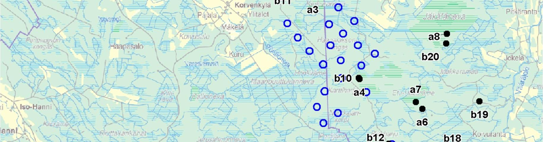 mahdollisia lepakoiden käyttämiä muuttoreittejä, sillä seurantaa suoritettiin myös elokuun lopulla ja syyskuussa (kuva 3.).