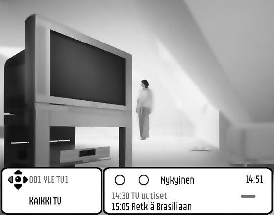 4 Tietopalkki / lisätietoja ohjelmasta Joka kerta kun valitset uuden kanavan, ruudun alareunaan tulee tietopalkki, jossa näkyy - kanavan nimi ja numero - meneillään olevan (Nyt) ohjelman nimi ja