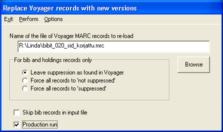 ************************************** * Replace Voyager records with new versions * Reading from: Z:\Jussi\hak006.20100728.