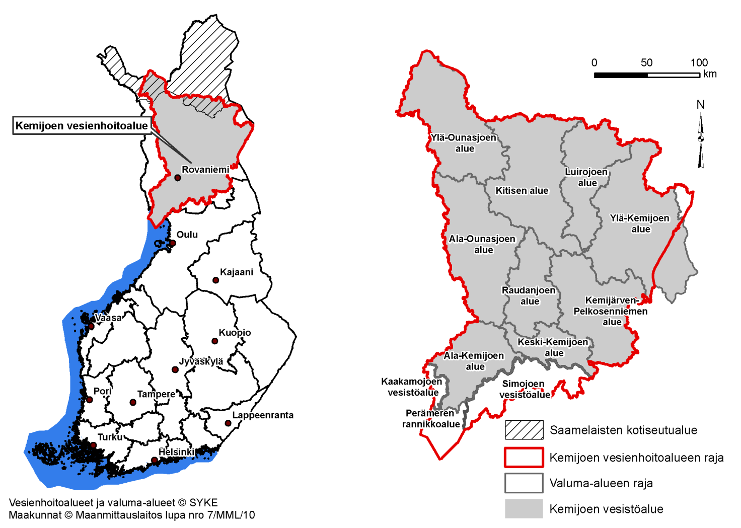 Kuva 7. Kemijoen vesistöalue ja valuma-alueet Kemijoen pääuoman keskivirtaama aikavälillä 1960 2012 on Rovaniemen Valajaskoskella 524 m³/s ja keskiylivirtaama 2463 m³/s (Taulukko 6).