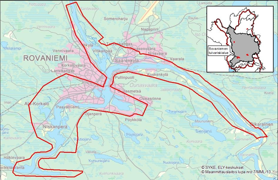 7.2 Rovaniemen merkittävä tulvariskialue 7.2.1 Tulvavaara- ja riskikartat Rovaniemen tulvavaarakartta yltää Kemijoen kohdalla Oikaraisesta Valajaskoskelle ja Ounasjoen kohdalla ulottuu Ounasjoen suistoa myöten Ylikylään asti (Kuva 17).