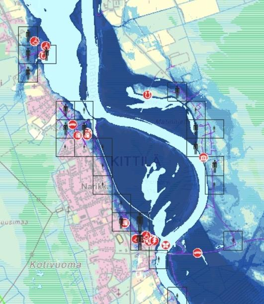 Vaikeasti evakuoitavia erityiskohteita on tulvavaarassa yhteensä kuusi kohdetta. Niistä Pääskylänniemen vanhainkoti ja Palvelutalo Metsola uhkaavat kastua jo yleisilläkin tulvilla (1/20a).