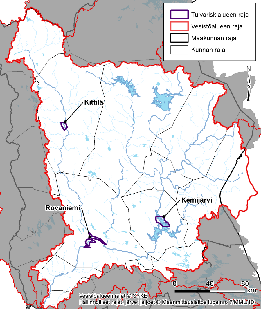 1 Johdanto Kemijoen vesistöalueella on maa- ja metsätalousministeriön päätöksellä (20.12.2011) nimetty valtakunnallisesti merkittäväksi tulvariskialueiksi Rovaniemi, Kemijärvi ja Kittilä (Kuva 1).