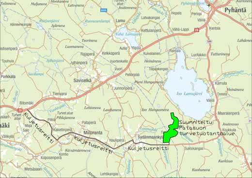 38 Patasuo - Pyhäntä, Kärsämäki ja Siikalatva- Turvetuotantoalueen TUOTANTO- JA VESIENSUOJELUSUUNNITELMA Kuva 14. Kuljetusreitit Patasuon turvetuotantoalueelta valtatielle 28.