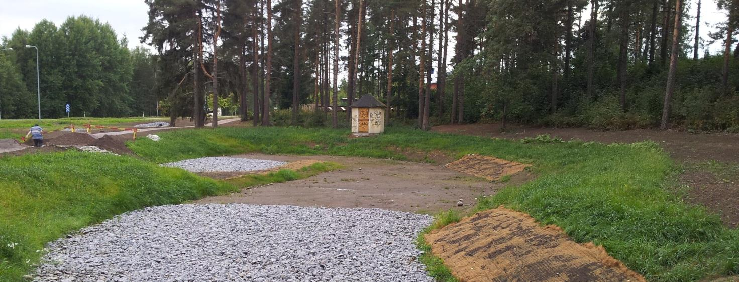 Allasta ympäröivät luiskat ovat vahvan kasvillisuuden peittämät ja allas on valmis vastaanottamaan hulevesiä.