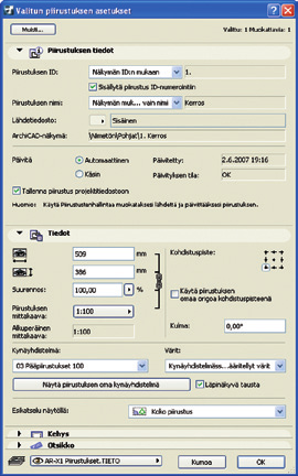 6 Asetukset Planssiasetukset koskevat planssin tunnistetta, eli ID-numerointia ja nimeä, masterplanssia sekä sijoitettujen piirustusten ID-numerointia. 1.6.1 Kynäyhdistelmä Jokaisella piirustuksella on kynäyhdistelmä, jolla se tulostuu.