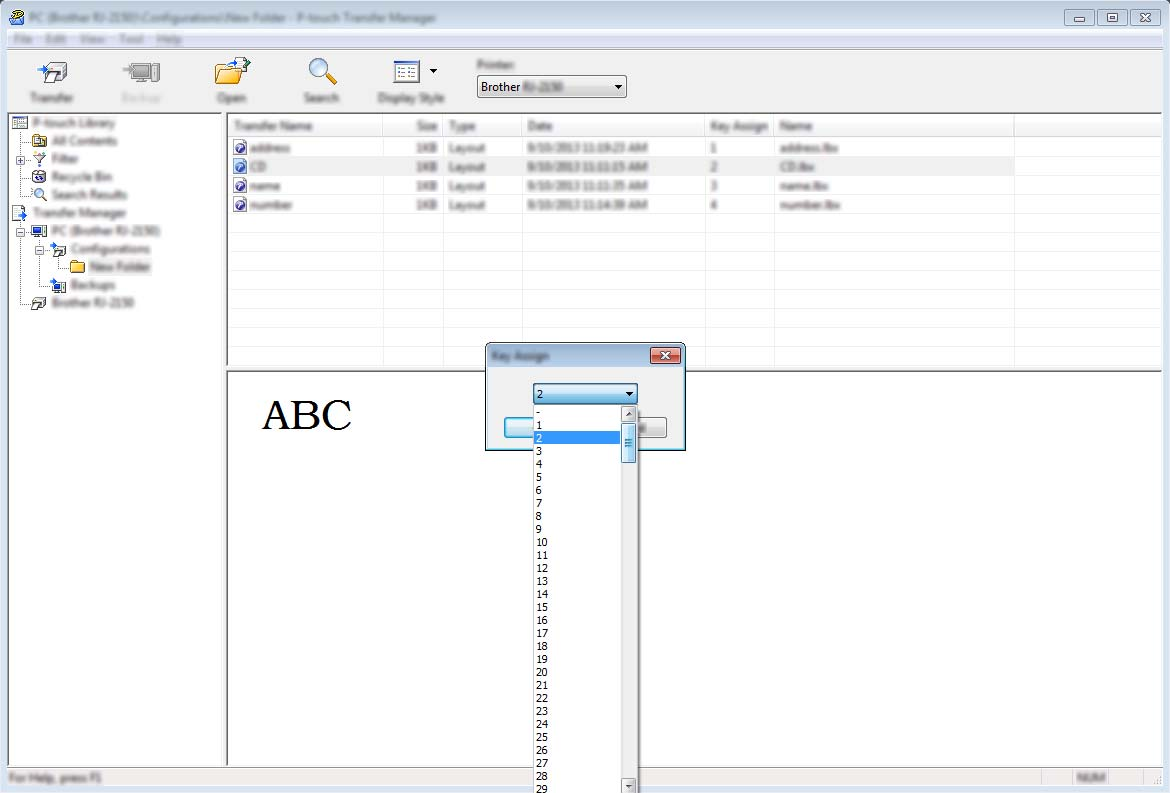 P-touch Transfer Managerin ja P-touch Libraryn käyttäminen 6 Jos haluat muuttaa kohteelle määritettyä avainnumeroa, napsauta kohdetta hiiren kakkospainikkeella, valitse [Avainmääritys] ja valitse