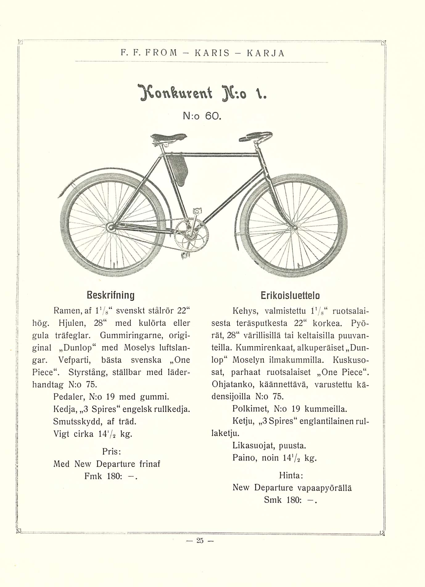 yonfcuretd }C*.o N:o 60. Beskrifning Ramen, af l'/ 8 svenskt stälrör 22 hög. Hjulen, 28 med kulörta eller gula träfeglar. Gummiringarne, origiginal Dunlop med Moselys luftslangar.