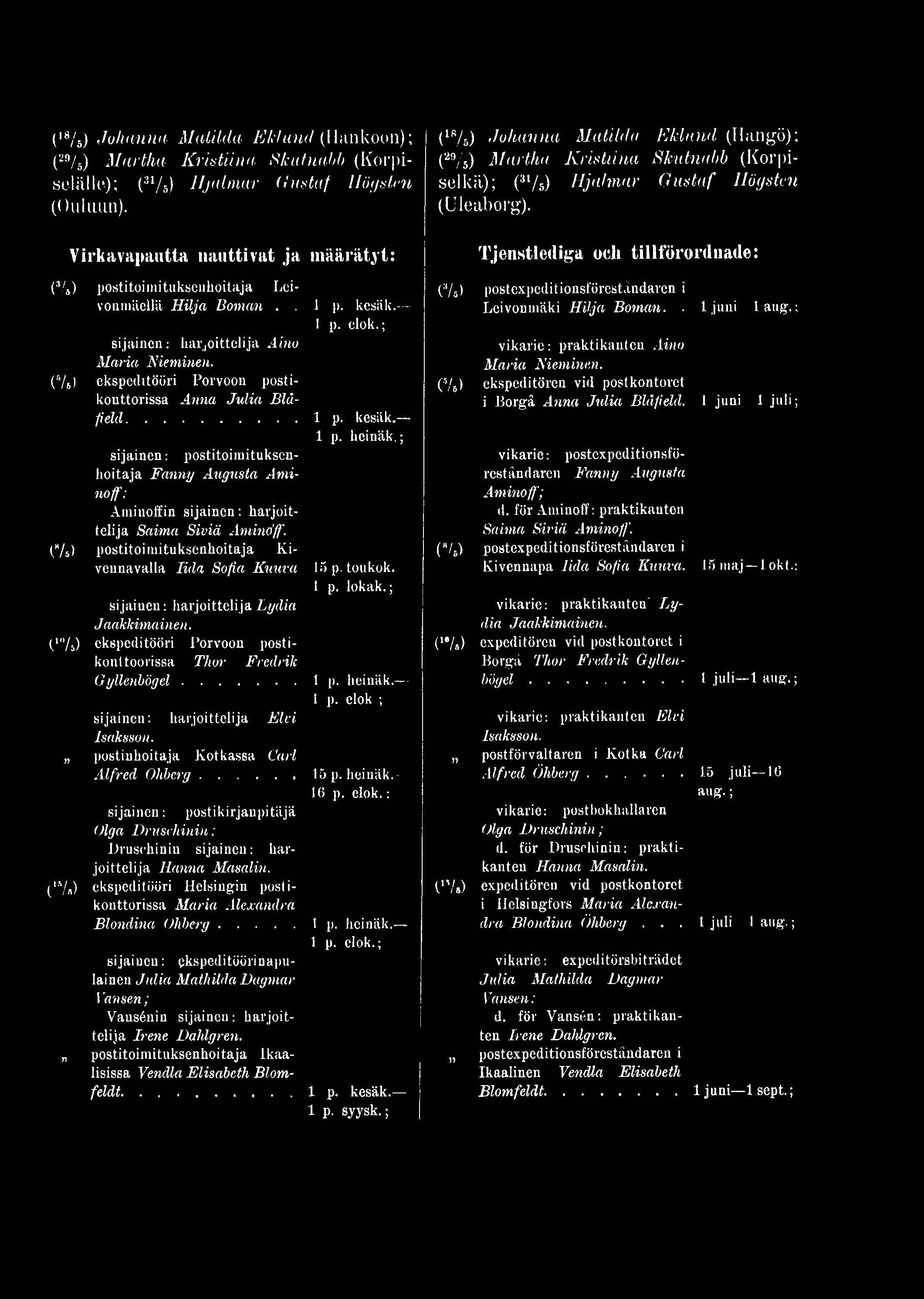 ; sijainen: harjoittelija Lydia Jaakkimainen. ('%) ekspeditööri Porvoon postikonttorissa Thor Fredrik Gyllenbögel... l p. heinäk. 1 p. elok ; sijainen: harjoittelija Elvi Isaksson.