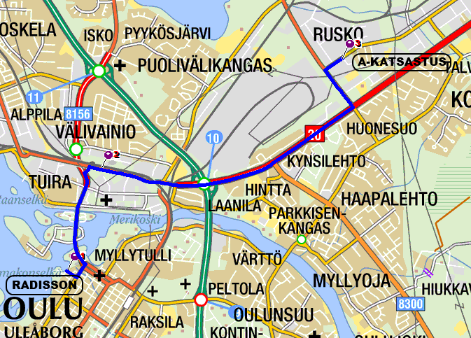 nro 44 / MML / 11 Ajo - ohjeet KILPAILUKESKUKSESTA katsastukseen: Aja kohti kaupungin keskustaa ja käänny ensimmäisistä valoista vasempaan Aja 200 metriä liikennevaloihin.