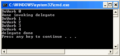 Asynkroninen delegaatti class Program public delegate void MyDelegate(); public static void DoWork() for (int i = 0; i < 5; i++) Console.WriteLine("DoWork 0",i); Thread.