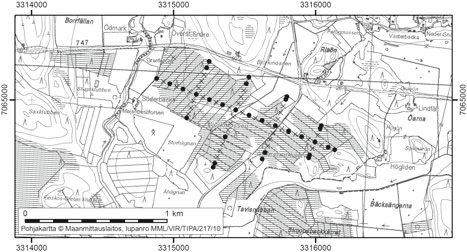 Kruunupyyssä tutkitut suot ja niiden turvevarat Osa 1 19. Björkmossen Björkmossen (kl. 2323 02, x = 7064,7, y = 3315,4) sijaitsee noin 18 km Kruunupyyn keskustasta kaakkoon (kuva 24).