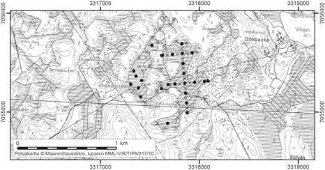 Kruunupyyssä tutkitut suot ja niiden turvevarat Osa 1 26. Bäcksängsmossen Bäcksängsmossen (kl. 2323 02, x = 7055,5, y = 3317,7) sijaitsee noin 31 km Kruunupyyn keskustasta kaakkoon (kuva 31).