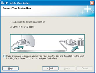 Problem: (Kun Windows) Du har ikke set det skærmbillede, hvor du blev bedt om at tilslutte USB-kablet. Handling: Luk alle skærmbilleder. Tag den grønne HP All-in-One Windows-cd ud, og sæt den i igen.