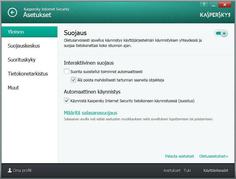 T Y Y P I L L I S T E N T E H T Ä V I E N R A T K A I S E M I N E N SOVELLUKSEN OLETUSASETUSTEN PALAUTTAMINEN Voit milloin tahansa palauttaa käyttöön Kaspersky Labin suosittelemat Kaspersky Internet