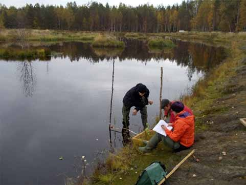 4 Tulokset Kuva 28. Karelia-ammattikorkeakoulun opiskelijat Matias Sivonen, Akseli Kukkonen ja Lotta Nurmi tekemässä Ruukkisuon kosteikon kaakkoiskolkassa ranta- ja vesikasvikartoitusta 16.09.2015.