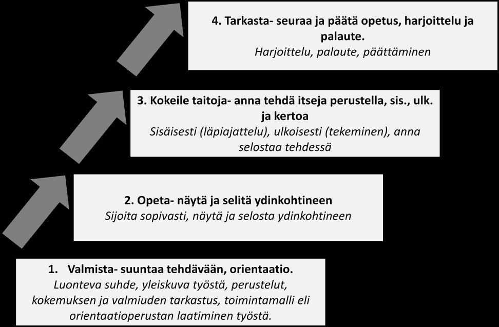32 - Tarkasta. Aluksi suunnataan opastettava tehtävään jonka jälkeen hänelle näytetään ja selitetään työn ydinkohdat.