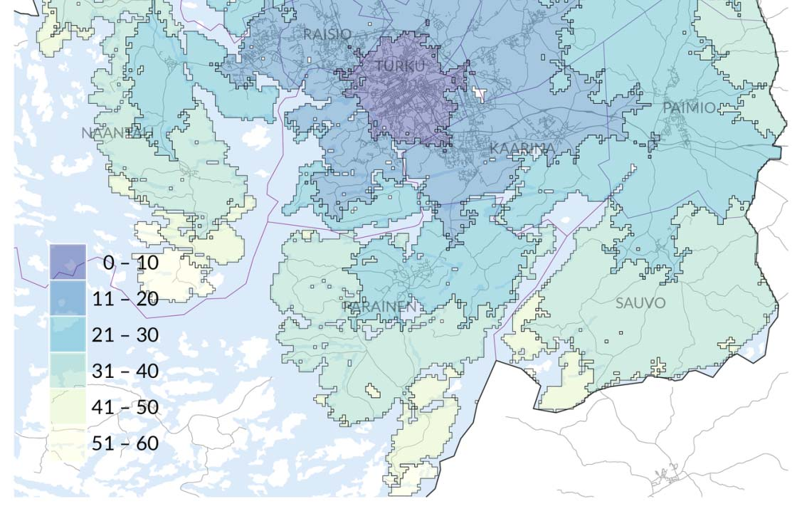 4.9 Keskusta matka-aikavyöhykkeet autolla 80% alueen väestöstä asuu 20 minuutin autoetäisyydellä Turun keskustasta.