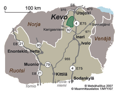 39 4.1.1 Tutkimusalueet Kevon luonnonpuisto on Suomen suurin luonnonpuisto (pinta-ala 712 km 2 ) ja se sijaitsee Pohjois-Lapissa, Utsjoen kunnassa, keskellä Paistunturin erämaaaluetta (kuva 2).