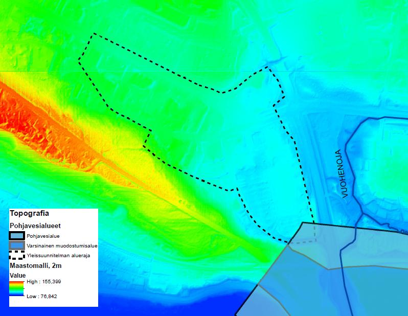 Sivu 3 (17) 1.2 Topografia ja maaperä Kuvassa 2 on esitetty suunnittelualeen ja sitä ympäröivän alueen maastomalli. Suunnittelualue sijoittuu harjun pohjoispuolelle.