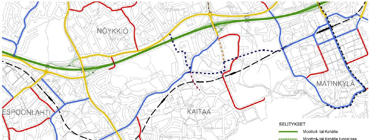 LIIKENNE Osayleiskaava-alueen keskellä sijaitsee alueellinen kokoojakatu Kaitaantie, joka muodostaa yhteyden Soukanväylältä Hannuksentielle ja