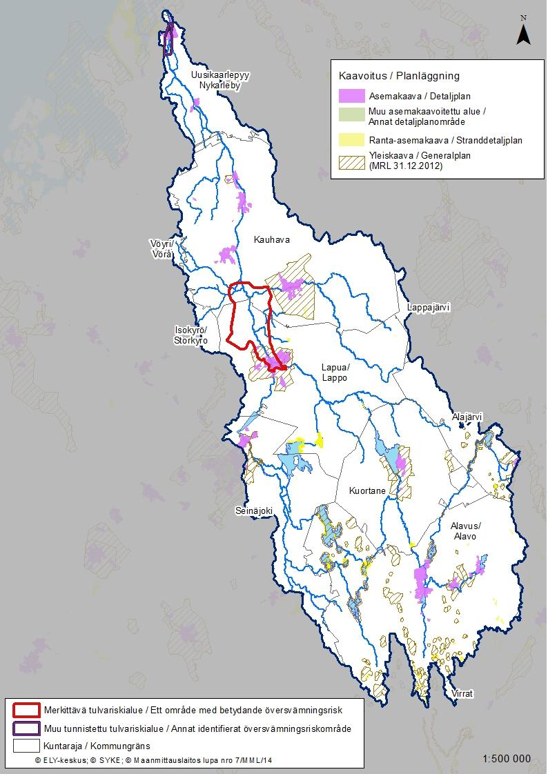 Kuva 9. Yleiskaavat, asemakaavat ja ranta-asemakaavat Lapuanjoen vesistöalueella ja sen läheisyydessä (2012).