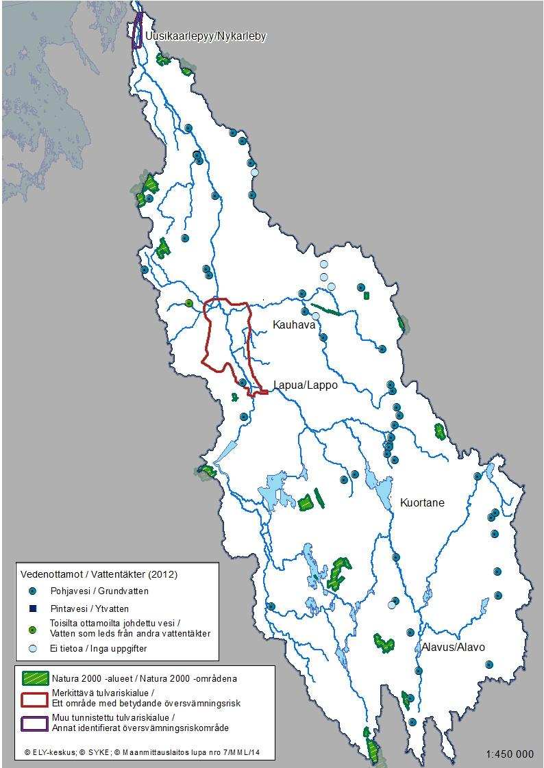 Kuva 10. Lapuanjoen vesistöalueella sijaitsevat Natura 2000 -alueet ja vedenottamot (2013).