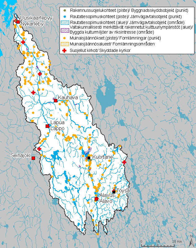 Kuva 11. Kulttuuriympäristökohteet Lapuanjoen vesistöalueella (2011). ( SYKE, Alueelliset ELYkeskukset; Museovirasto) 4.2 Hydrologia ja ilmastonmuutoksen vaikutukset 4.2.1 Hydrologia Pohjanmaan jokien tapaan Lapuanjoelle on tunnusomaista suuret virtaamavaihtelut ja tulvimisherkkyys.