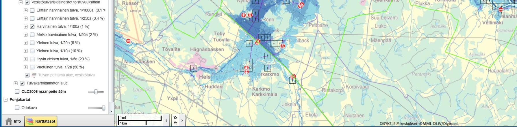 Kartoitetut alueet saadaan näkyville, kun kartan teemaksi valitaan haluttu tieto esim. vesistötulvat. Lähentämällä tietylle alueelle, esim.