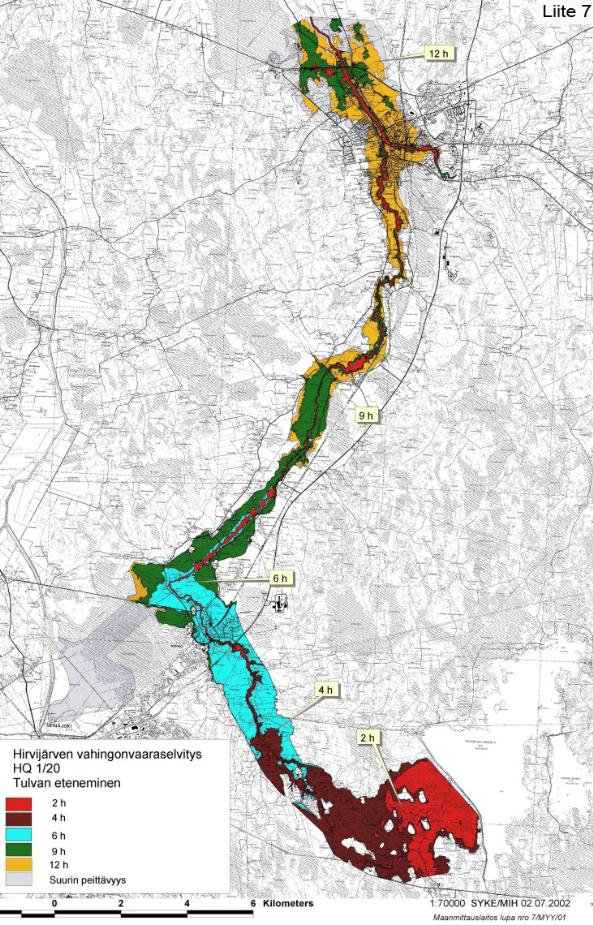 Kuva 34. Esimerkkikuva Hirvijärven patomurtumatilanteesta aiheutuvasta tulvan leviämisnopeudesta.