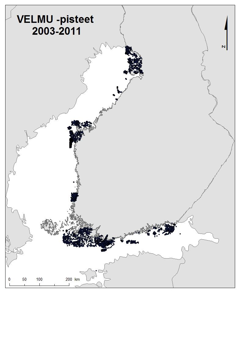 Kuva 2. VELMUssa on vuosina 2004-2011 kartoitettu yli 12 000 ha Suomen merialueen vedenalaisia elinympäristöjä.