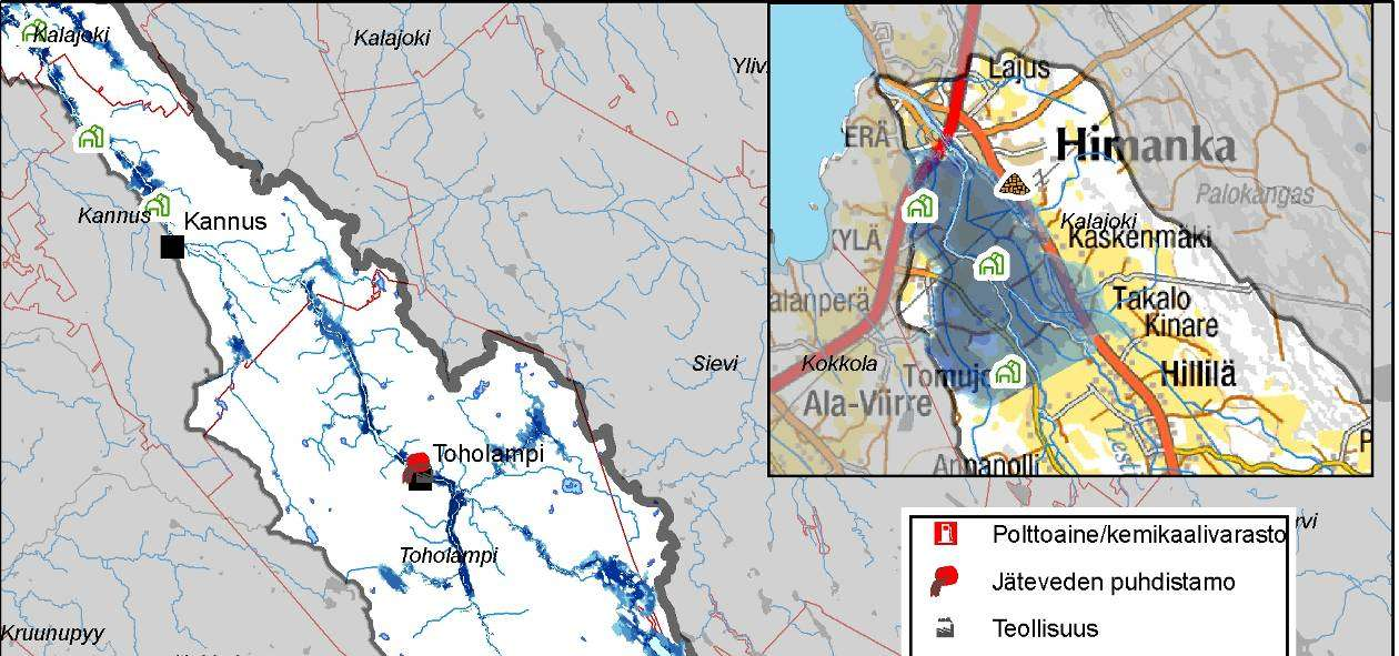 6.5. Tulvariski ympäristölle ja kulttuuriympäristölle Tarkasteltaessa tulvariskiä ympäristölle tarkastelussa otetaan huomioon kohteet, jotka voivat aiheuttaa tulvatilanteessa ympäristön äkillistä