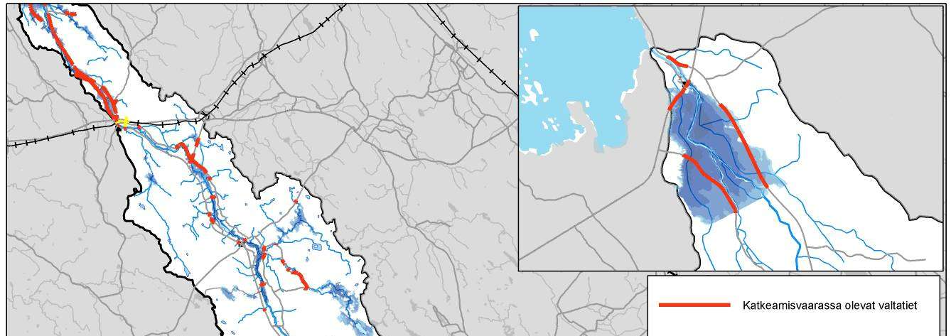 Kuva 19. Tiestön pääväylät ja rautatiet sekä niiden mahdolliset katkeamiskohdat Lestijoen vesistöalueella.