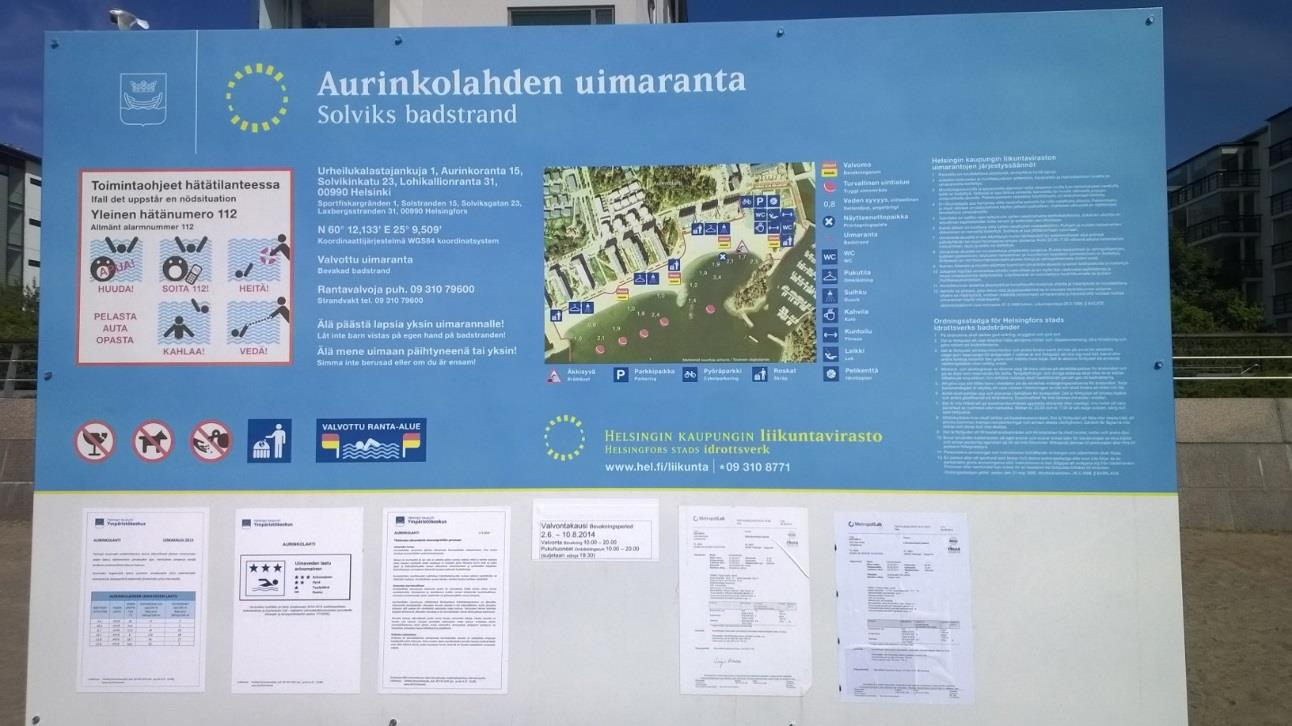 14 turvallisuusohjeet, ohjeet avun hälyttämiseksi) - merkinnät veden syvyyksistä - tiedot valvonta-ajoista - tiedot viimeisestä tutkimustuloksesta - yhteenveto edellisen vuoden tutkimustuloksista -