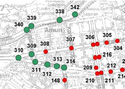 26 Kuva 14. Tampereen SPOT tutkimusten tarkastelualue. (Kalenoja 2006) Kuvassa 14 SPOT valo-ohjattujen liittymien sijainti tarkastelualueella esitetään vihreällä.