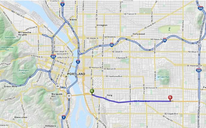 43 Kuvassa 19 esitetään tutkimuksen tarkastelualue. Portlandin keskusta on tarkastelualueen länsipuolella. Kartassa pisteet A ja B esittävät tarkastelualeen alku- ja loppupisteitä. Kuva 19.