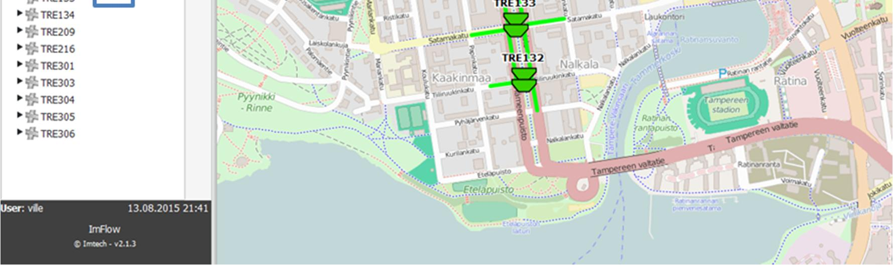 Kuvan navigointipaneelissa on esillä kaikki Tampereen ImFlow järjestelmän elementit; alueellinen taso, ajoreitit ja liittymät.