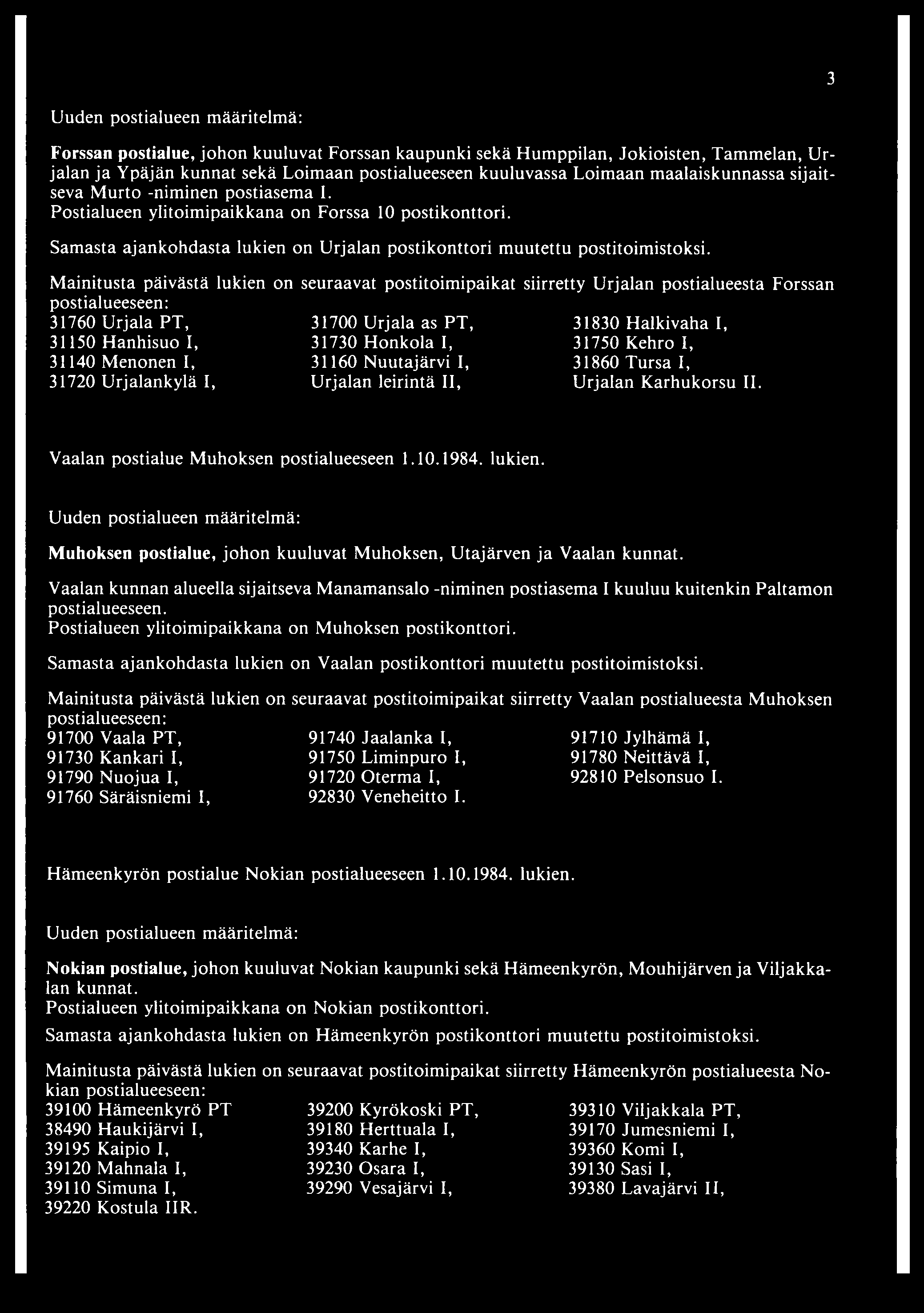 Mainitusta päivästä lukien on 31760 Urjala PT, 31150 Hanhisuo I, 31140 Menonen I, 31720 Urjalankylä I, seuraavat postitoimipaikat 31700 Urjala as PT, 31730 Honkola I, 31160 Nuutajärvi I, Urjalan