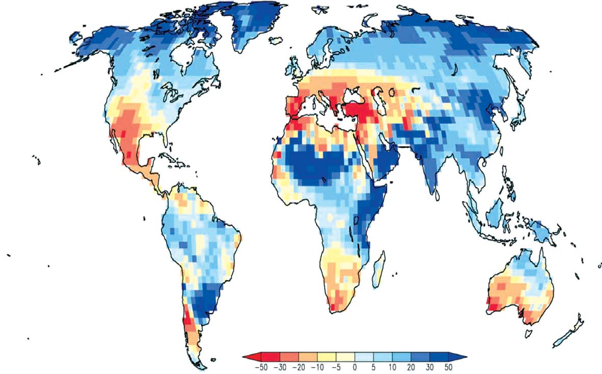Ilmastonmuutos vaikuttaa veden saatavuuteen maapallolla Päästöskenaario (Gt C/vuosi) 3 2 1 2 25 21 A1B Vettä