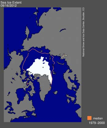 Pohjoisen Jäämeren jääpeitteen kesäinen ja syksyinen laajuus sekä ympärivuotinen paksuus ovat vähentyneet voimakkaasti Ennätys 16.9.212 (sitten v.