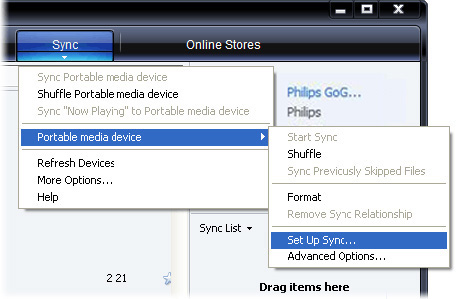 Valitsemasi soittoluettelot synkronoidaan tämän jälkeen laitteeseen aina, kun se liitetään tietokoneeseen. 1 Valitse Synkronointi-välilehden valikosta Philips GoGear SA52xx > Määritä synkronointi.