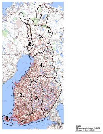 7 Kuva 1. Suomen vesienhoitoalueet: 1. Vuoksen vesienhoitoalue, 2. Kymijoen Suomenlahden vesienhoitoalue, 3. Kokemäenjoen Saaristomeren Selkämeren vesienhoitoalue, 4.