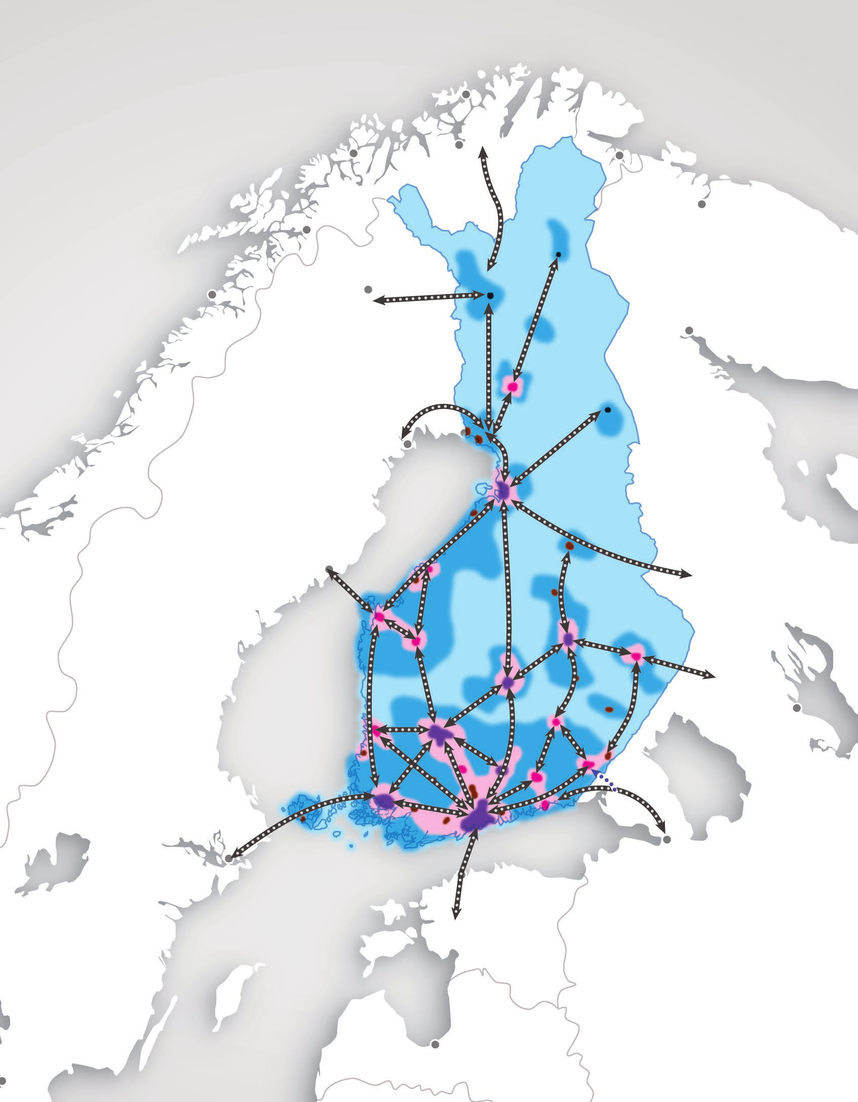 Kuva 16. Henkilöliikenteen tärkeimmät yhteystarpeet vuonna 2050. Eniten kasvavat Helsingin metropolialueen ja muiden kasvukeskusten yhteystarpeet.