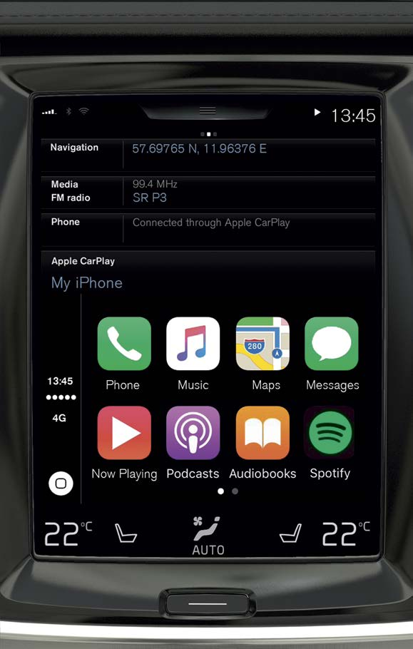 APPLE CARPLAY* Apple CarPlay -toiminnon avulla voidaan käyttää tiettyjä iphonen sovelluksia auton kautta esim. musiikin toistamista tai podcastien kuuntelua varten.