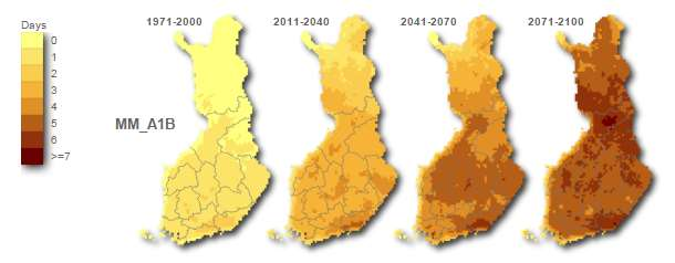 Näissä esimerkkikartoissa on tulokset vain yhdelle päästöskenaarioilmastomalli-yhdistelmälle. Muutokset Turussa 2011-2040 vs.